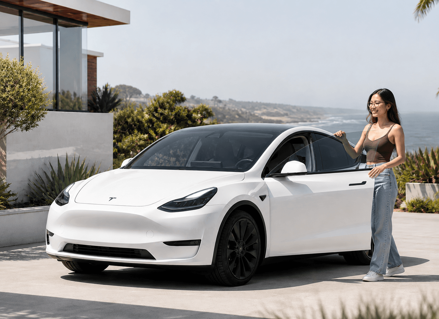 Owner with freshly detailed white Tesla after Redondo Detail coastal care