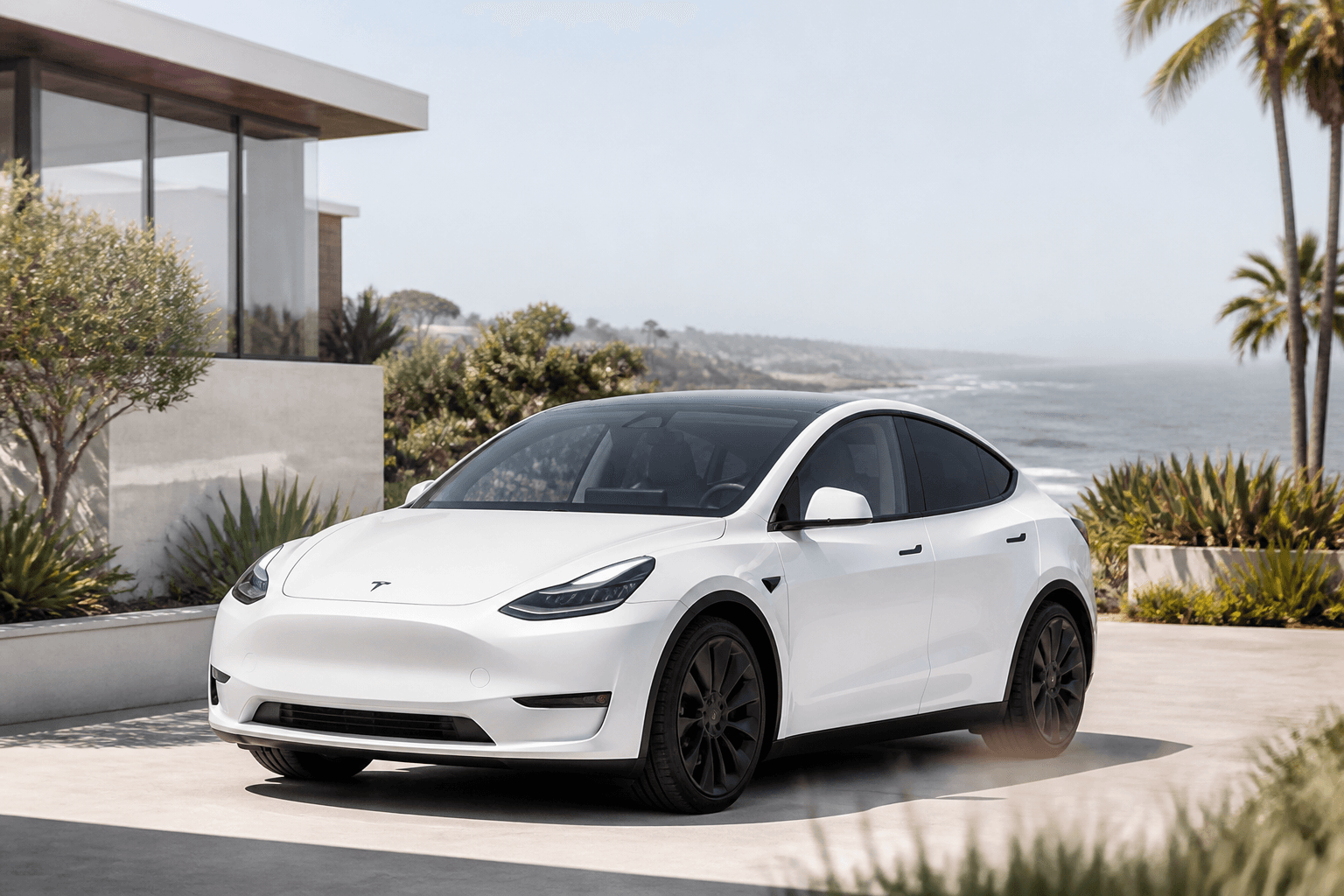 Pristine luxury vehicle parked on a bright coastal South Bay driveway